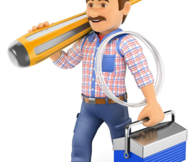 3D Electrician walking with a screwdriver and toolbox